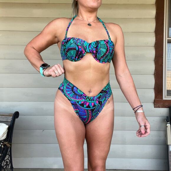 Vintage Catalina Teal Purple Paisley French high Cut Bikini Swimsuit Set - Picture 1 of 12